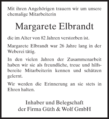 Traueranzeige von Magarete Elbrandt von Neue Westfälische