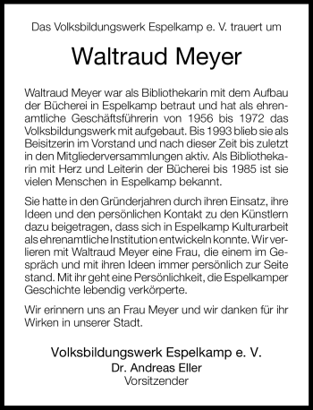 Traueranzeige von Waltraud Meyer von Neue Westfälische