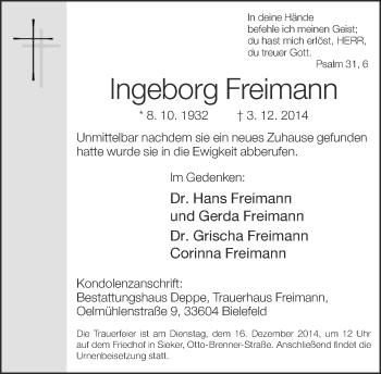 Traueranzeige von Ingeborg Freimann von Neue Westfälische