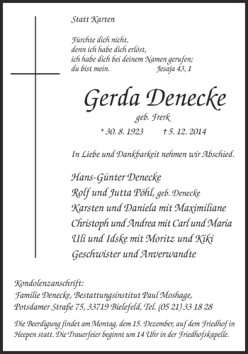 Traueranzeige von Gerda Denecke von Neue Westfälische