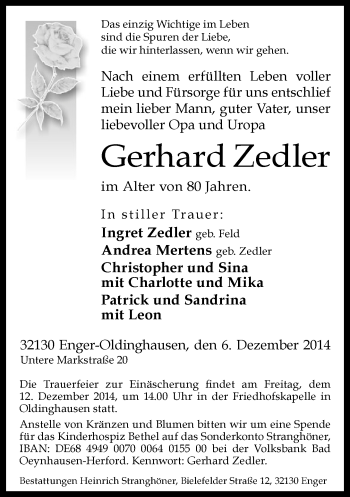 Traueranzeige von Gerhard Zedler von Neue Westfälische
