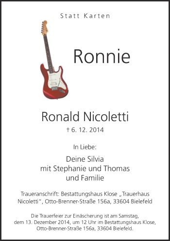 Traueranzeige von Ronald Nicoletti von Neue Westfälische
