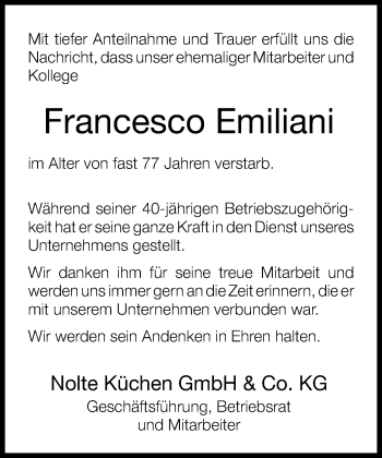 Traueranzeige von Francesco Emiliani von Neue Westfälische