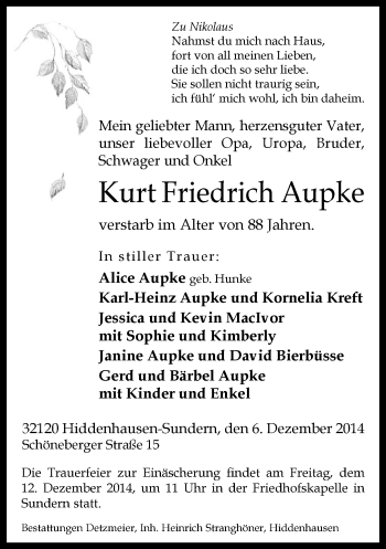 Traueranzeige von Kurt Friedrich Aupke von Neue Westfälische