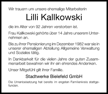 Traueranzeige von Lilli Kallkowski von Neue Westfälische