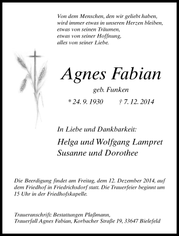 Traueranzeige von Agnes Fabian von Neue Westfälische