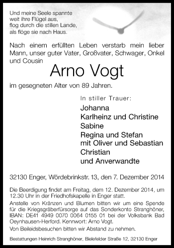 Traueranzeige von Arno Vogt von Neue Westfälische