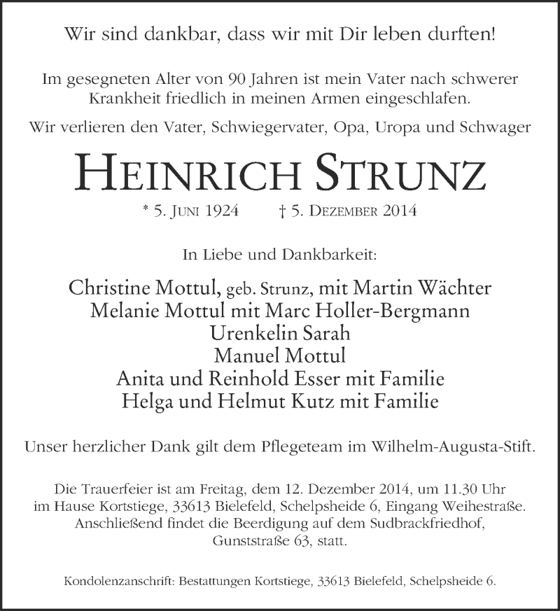  Traueranzeige für Heinrich Strunz vom 10.12.2014 aus Neue Westfälische