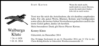 Traueranzeige von Walburga Klute von Neue Westfälische