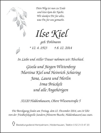 Traueranzeige von Ilse Kiel von Neue Westfälische