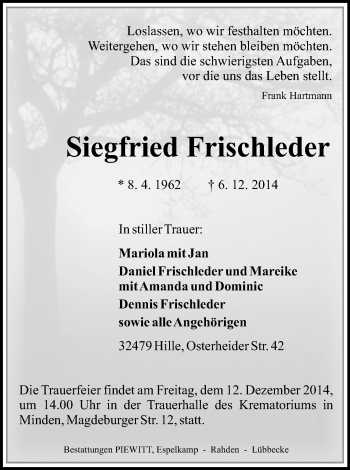 Traueranzeige von Siegfried Frischleder von Neue Westfälische