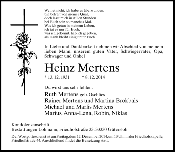 Traueranzeige von Heinz Mertens von Neue Westfälische
