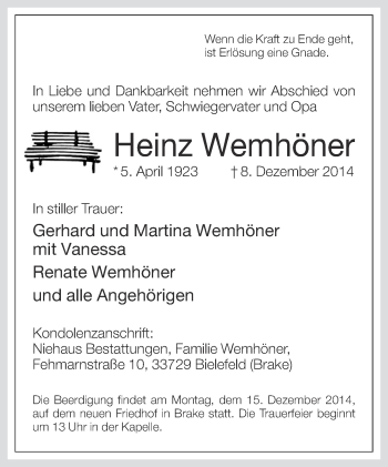 Traueranzeige von Heinz Wemhöner von Neue Westfälische