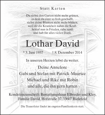 Traueranzeige von Lothar David von Neue Westfälische