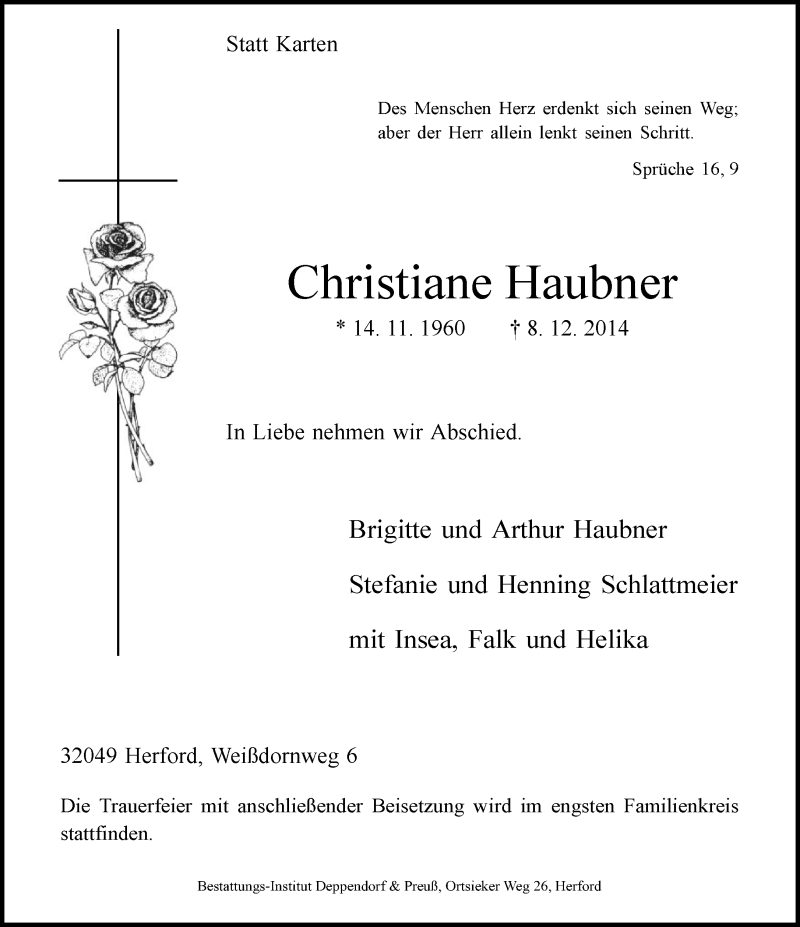  Traueranzeige für Christiane Haubner vom 10.12.2014 aus Neue Westfälische