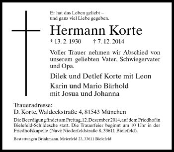 Traueranzeige von Hermann Korte von Neue Westfälische