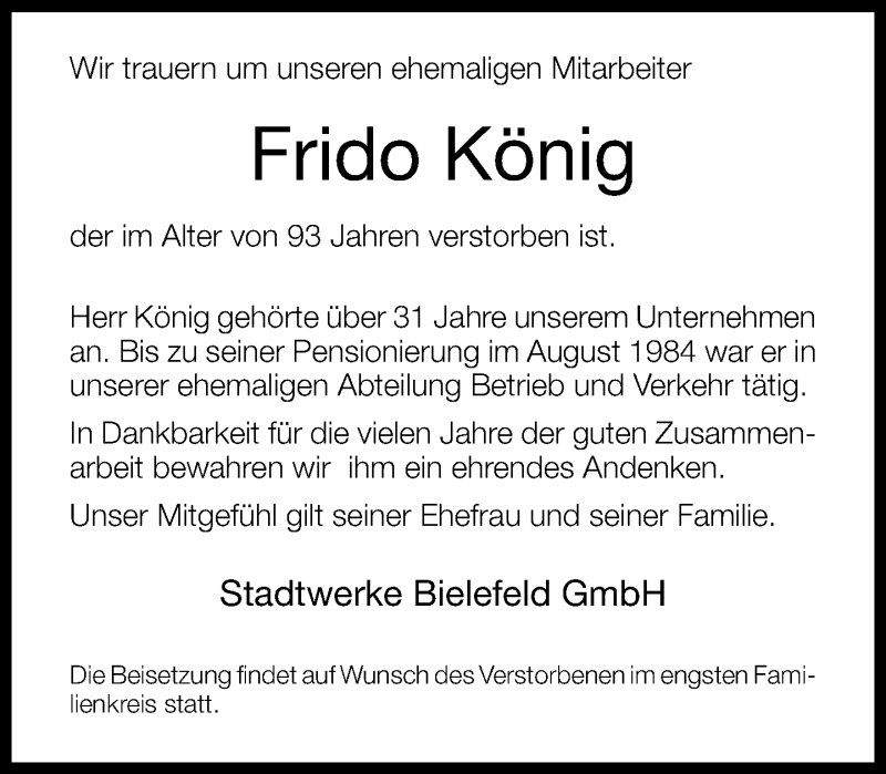  Traueranzeige für Frido König vom 10.12.2014 aus Neue Westfälische