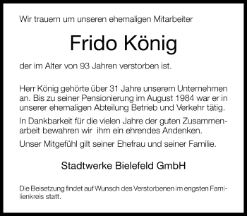 Traueranzeige von Frido König von Neue Westfälische
