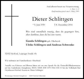 Traueranzeige von Dieter Schlittgen von Neue Westfälische