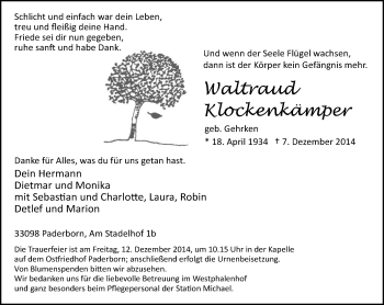 Traueranzeige von Waltraud Klockenkämper von Neue Westfälische