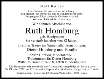 Traueranzeige von Ruth Homburg von Neue Westfälische