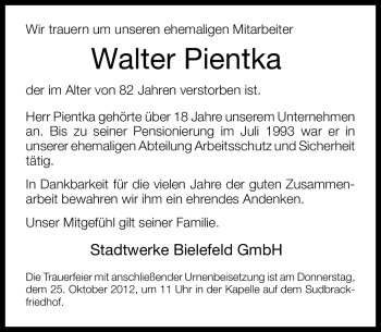 Traueranzeige von Walter Pientka von Neue Westfälische