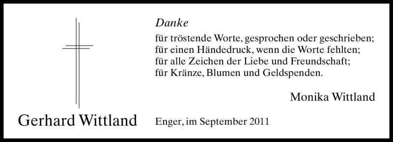  Traueranzeige für Gerhard Wittland vom 17.09.2011 aus Neue Westfälische