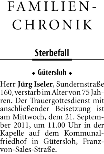 Traueranzeige von Jürg Iseler von Neue Westfälische