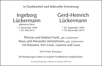 Traueranzeige von Ingeborg und Gerd-Heinrich Lückermann von Neue Westfälische