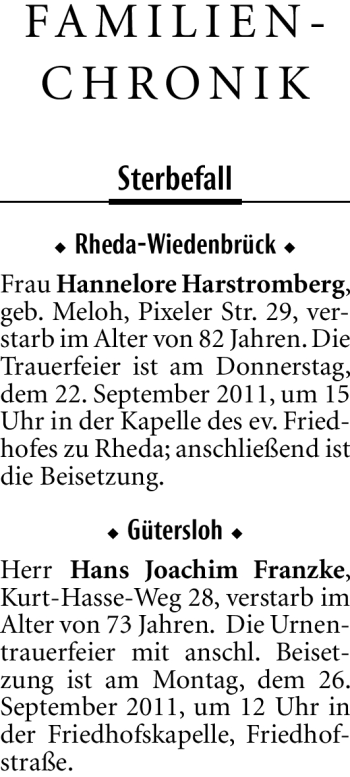 Traueranzeige von Hannelore Harstromberg von Neue Westfälische