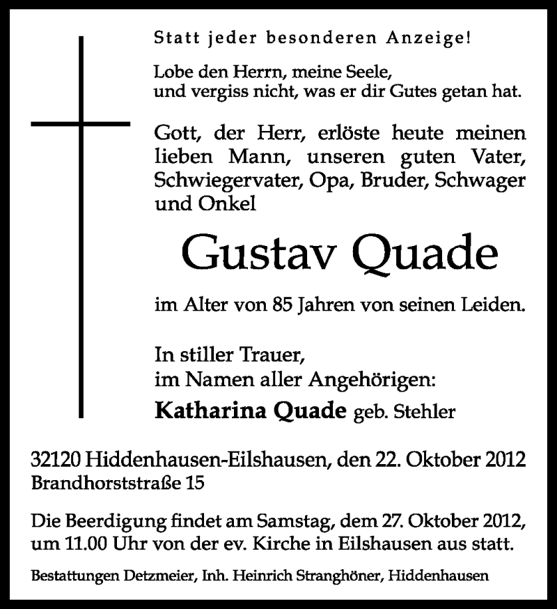  Traueranzeige für Gustav Quade vom 24.10.2012 aus Neue Westfälische