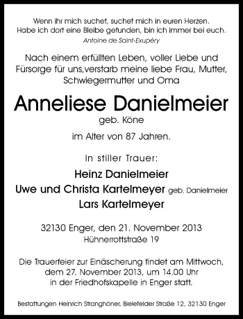 Traueranzeige von Anneliese Danielmeier von Neue Westfälische
