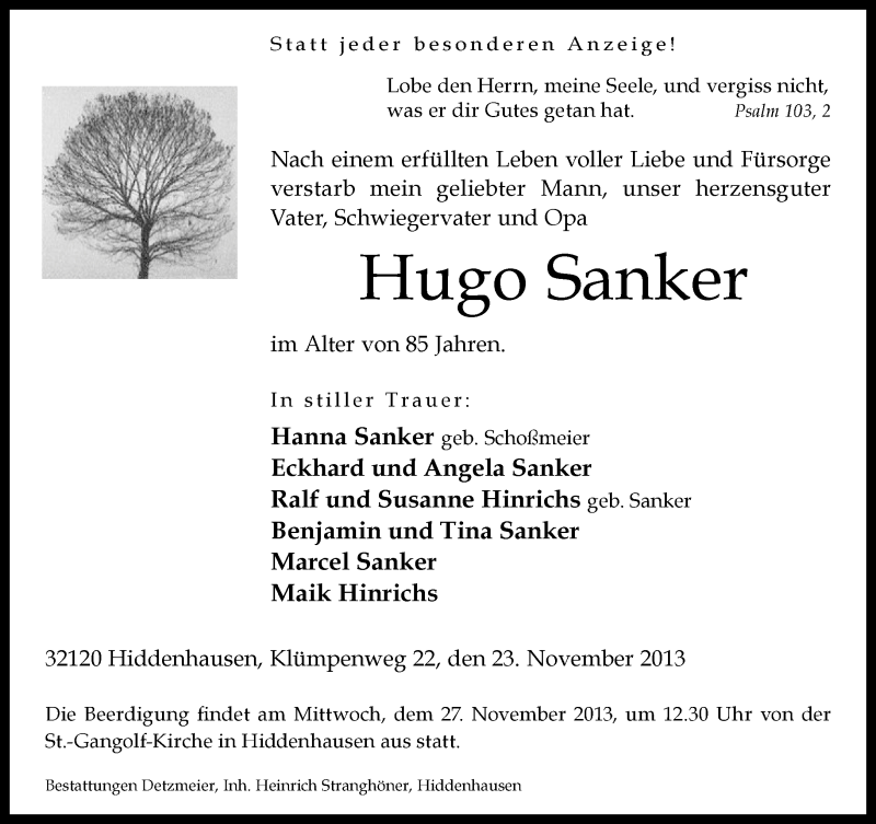  Traueranzeige für Hugo Sanker vom 25.11.2013 aus Neue Westfälische