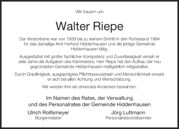 Traueranzeige von Walter Riepe von Neue Westfälische