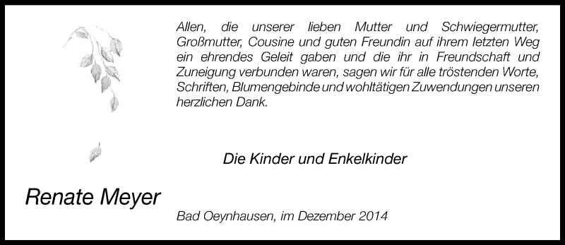  Traueranzeige für Renate Meyer vom 18.12.2014 aus Neue Westfälische