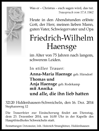 Traueranzeige von Friedrich-Wilhelm Haensge von Neue Westfälische