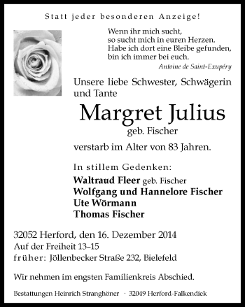 Traueranzeige von Margret Julius von Neue Westfälische