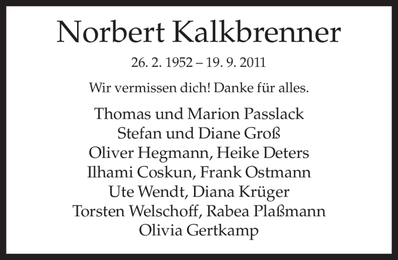  Traueranzeige für Norbert Kalkbrenner vom 26.09.2011 aus Neue Westfälische