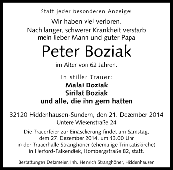 Traueranzeige von Peter Boziak von Neue Westfälische