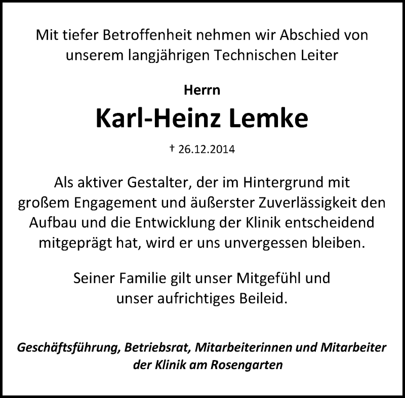  Traueranzeige für Karl-Heinz Lemke vom 02.01.2015 aus Neue Westfälische
