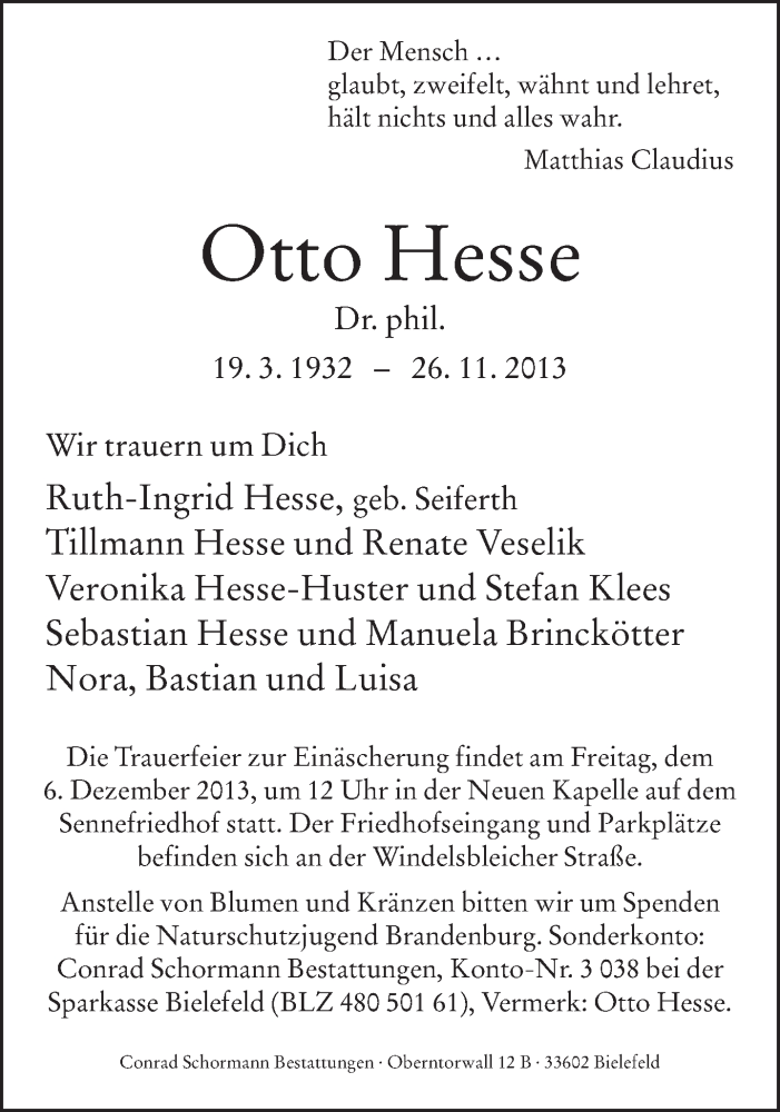  Traueranzeige für Otto Hesse vom 30.11.2013 aus Neue Westfälische