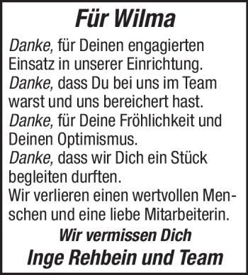 Traueranzeige von Wilma  von Neue Westfälische