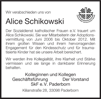 Traueranzeige von Alice Schikowski von Neue Westfälische