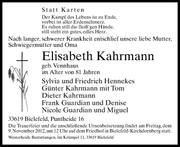 Traueranzeige von Elisabeth Kahrmann von Neue Westfälische