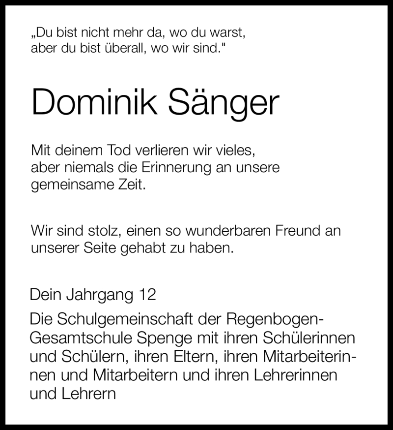  Traueranzeige für Dominik Sänger vom 29.09.2011 aus Neue Westfälische