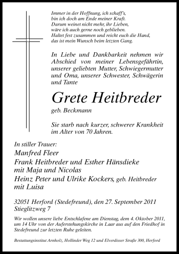 Traueranzeige von Grete Heitbreder von Neue Westfälische