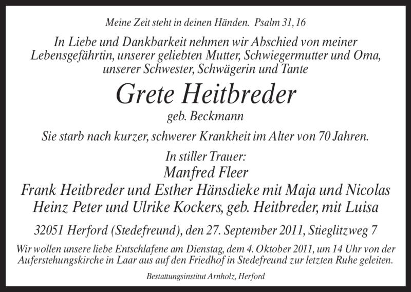  Traueranzeige für Grete Heitbreder vom 29.09.2011 aus Neue Westfälische