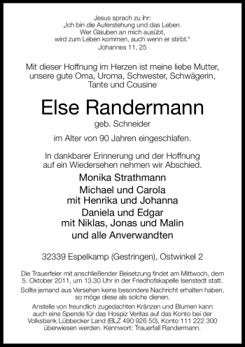 Traueranzeige von Else Randermann von Neue Westfälische