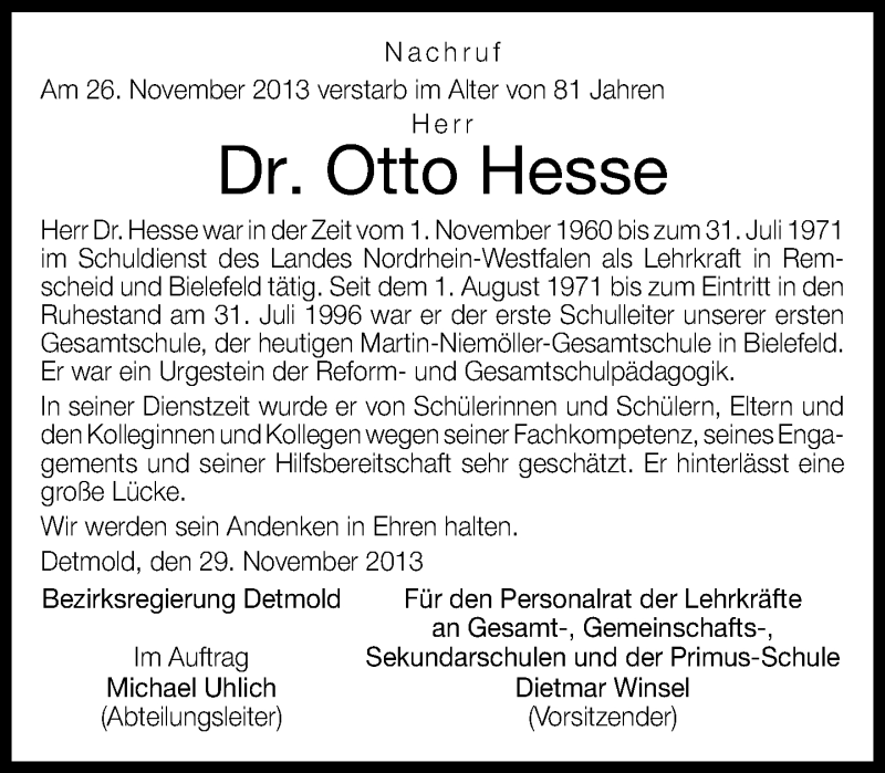  Traueranzeige für Otto Hesse vom 05.12.2013 aus Neue Westfälische