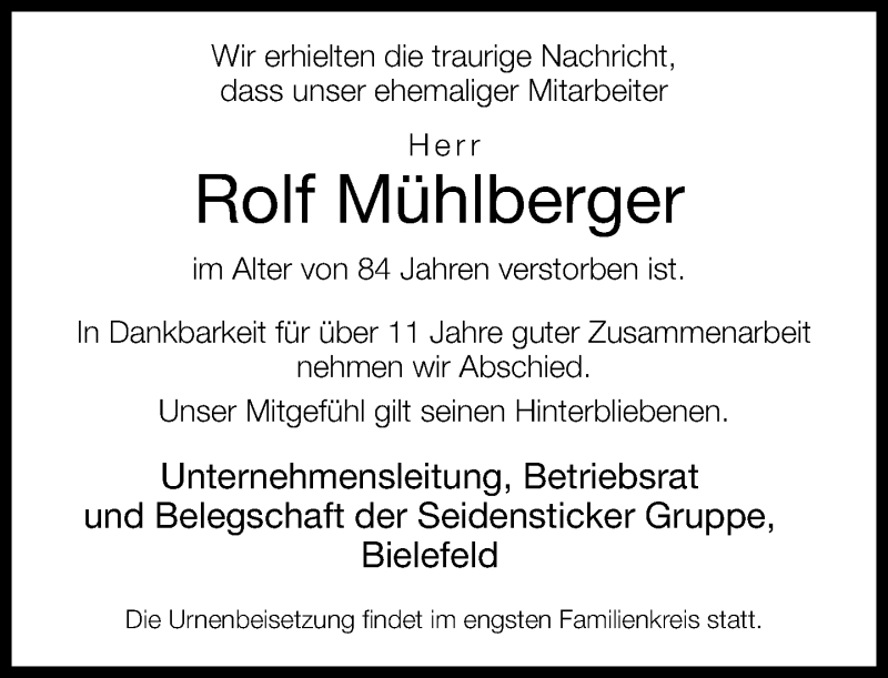  Traueranzeige für Rolf Mühlberger vom 07.12.2013 aus Neue Westfälische